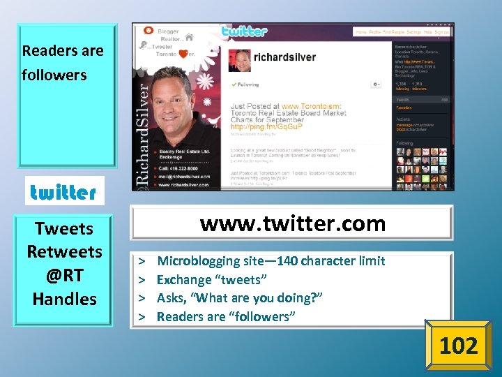 Readers are followers twitter Tweets Retweets @RT Handles www. twitter. com > > Microblogging