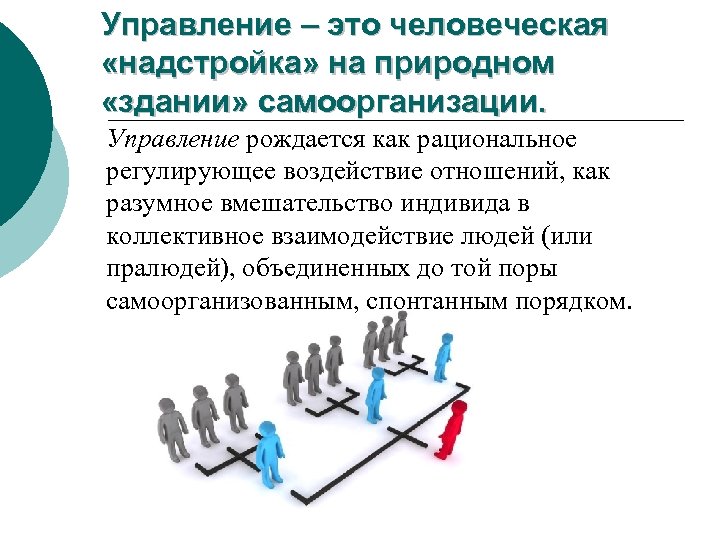 Управление – это человеческая «надстройка» на природном «здании» самоорганизации. Управление рождается как рациональное регулирующее