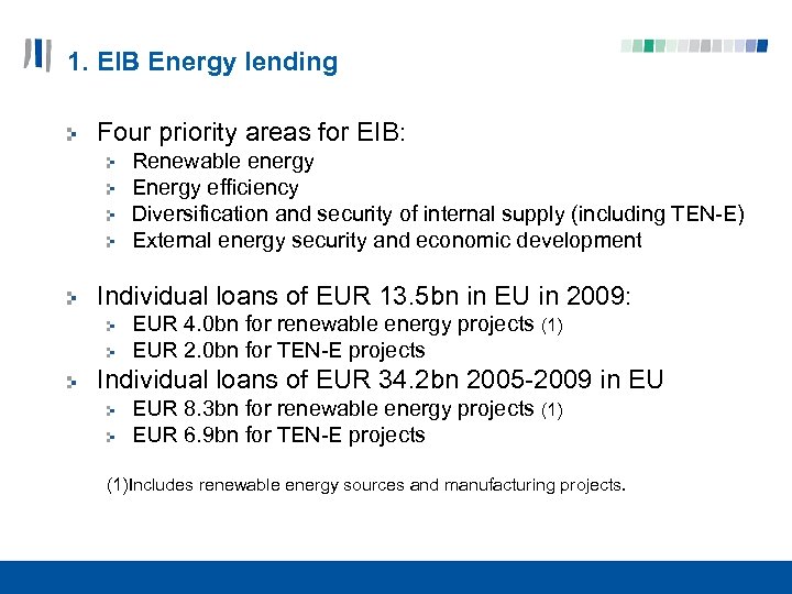 1. EIB Energy lending Four priority areas for EIB: Renewable energy Energy efficiency Diversification