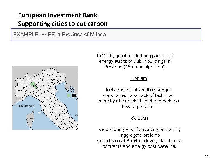 European Investment Bank Supporting cities to cut carbon EXAMPLE --- EE in Province of