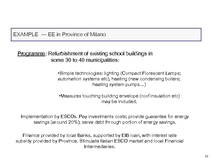 EXAMPLE --- EE in Province of Milano Programme: Refurbishment of existing school buildings in