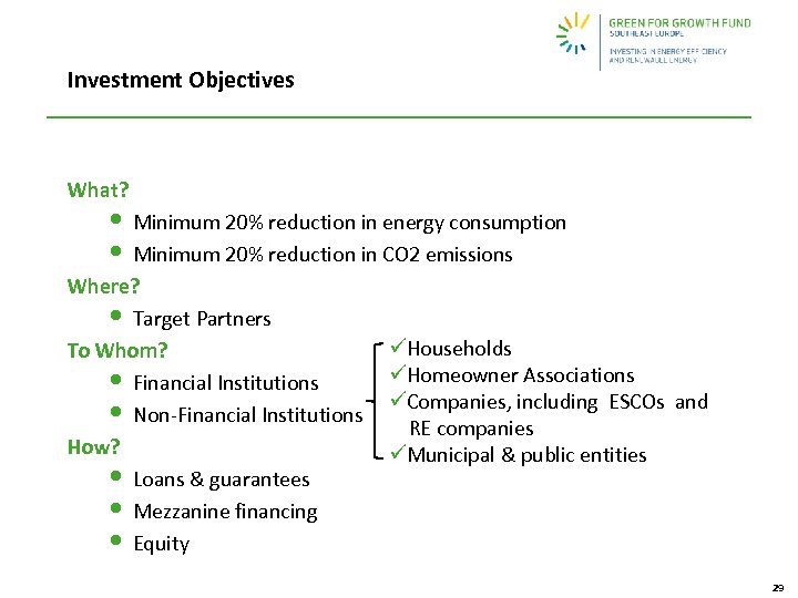 Investment Objectives What? • Minimum 20% reduction in energy consumption • Minimum 20% reduction