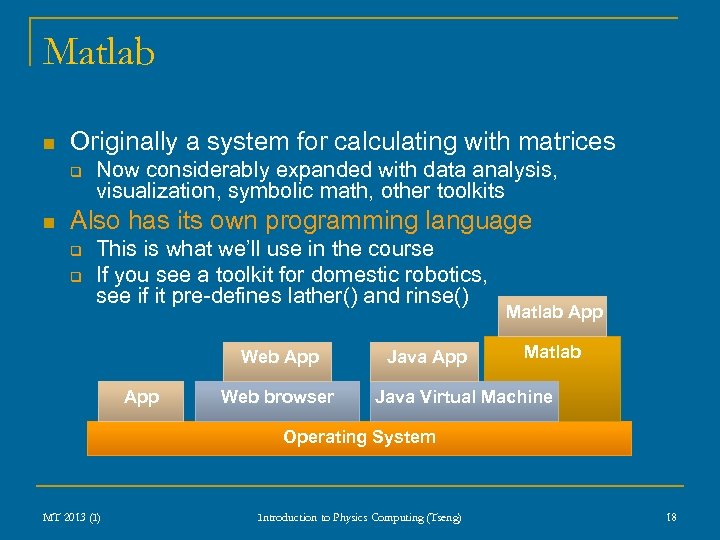 Matlab n Originally a system for calculating with matrices q n Now considerably expanded