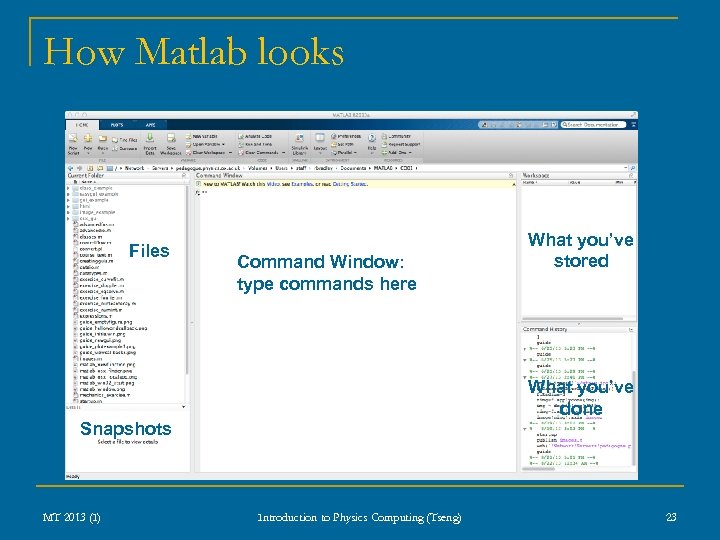 How Matlab looks Files Command Window: type commands here What you’ve stored What you’ve