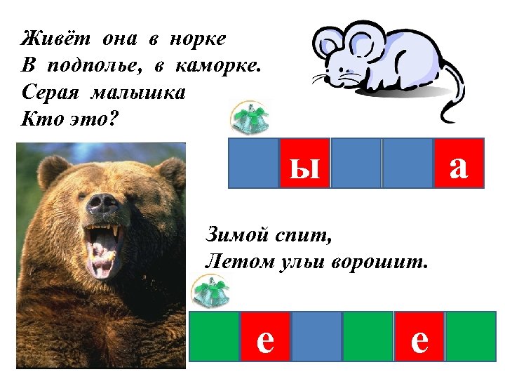 Живёт она в норке В подполье, в каморке. Серая малышка Кто это? ы а
