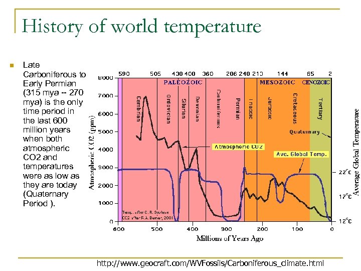 History of world temperature n Late Carboniferous to Early Permian (315 mya -- 270