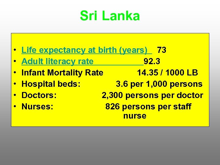 Sri Lanka • • • Life expectancy at birth (years) 73 Adult literacy rate