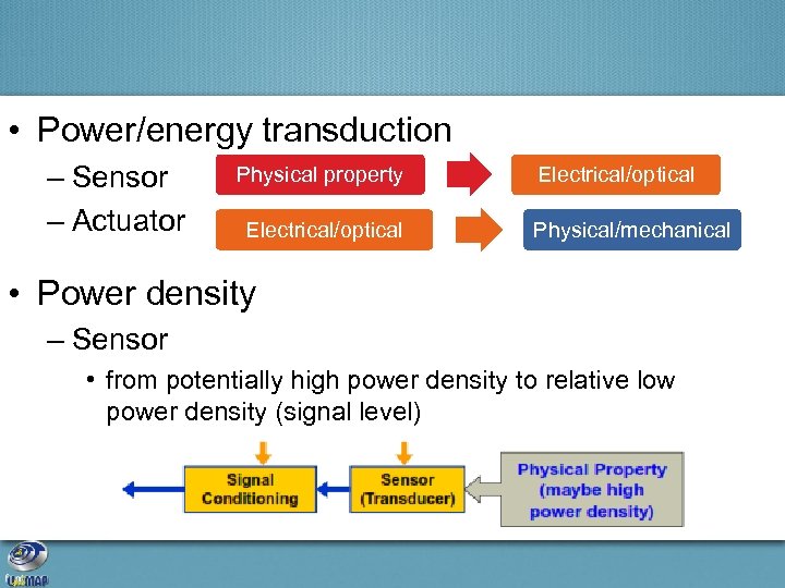  • Power/energy transduction – Sensor – Actuator Physical property Electrical/optical Physical/mechanical • Power
