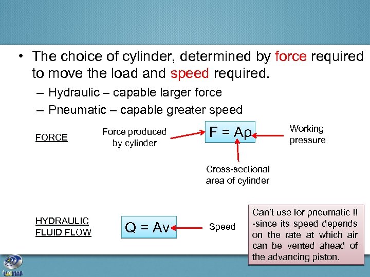  • The choice of cylinder, determined by force required to move the load