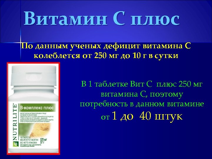 Витамин С плюс По данным ученых дефицит витамина С колеблется от 250 мг до