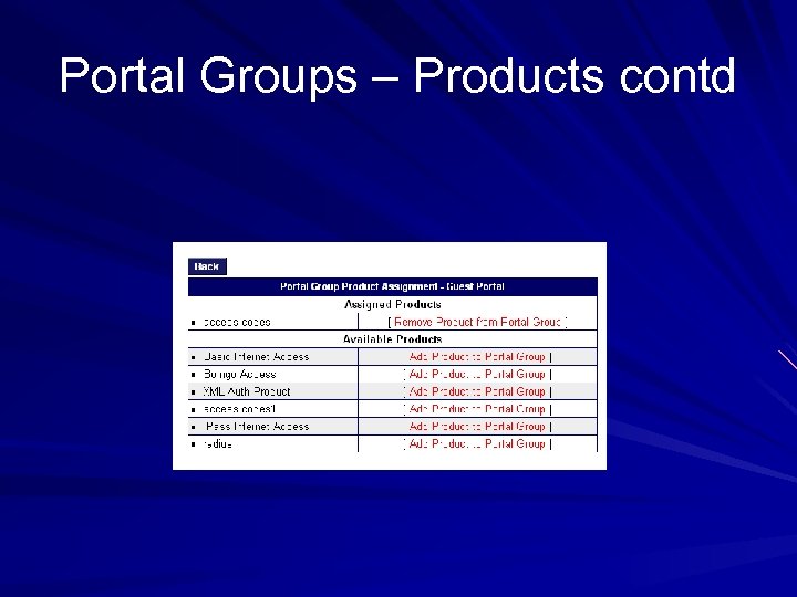 Portal Groups – Products contd 