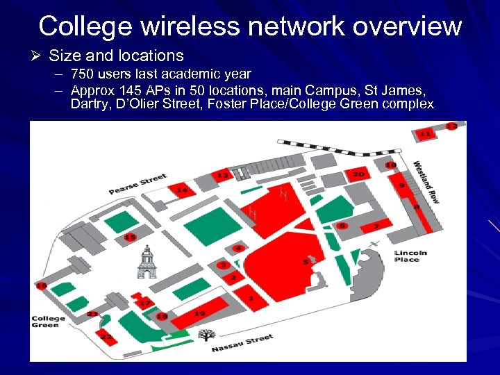 College wireless network overview Ø Size and locations – 750 users last academic year