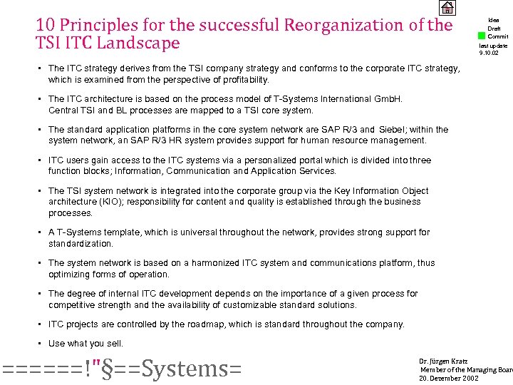 10 Principles for the successful Reorganization of the TSI ITC Landscape Idea Draft Commit