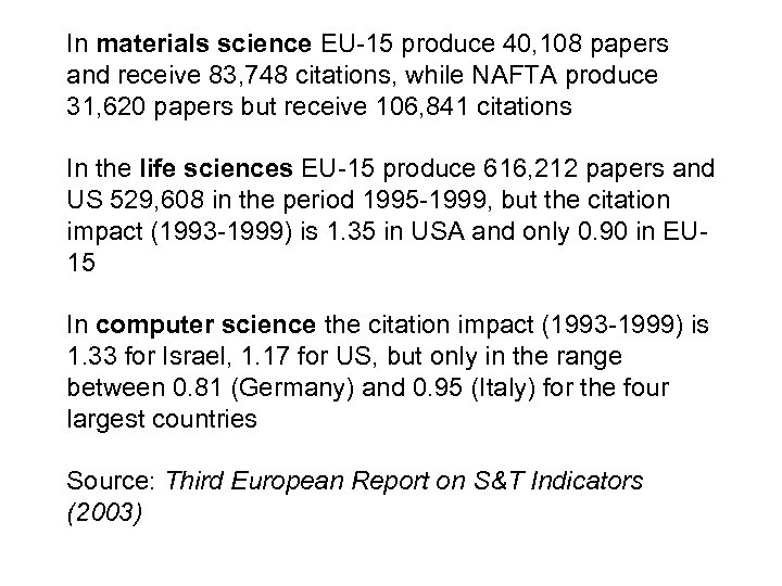 In materials science EU-15 produce 40, 108 papers and receive 83, 748 citations, while