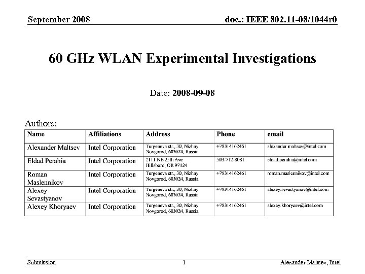 September 2008 doc. : IEEE 802. 11 -08/1044 r 0 60 GHz WLAN Experimental