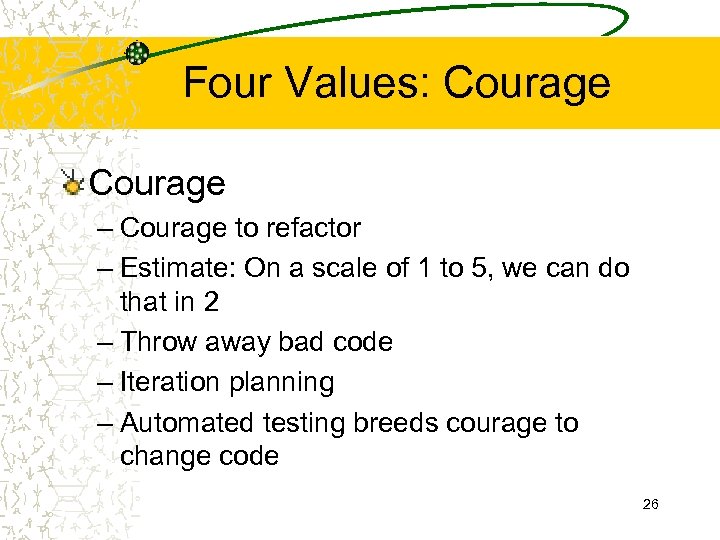 Four Values: Courage – Courage to refactor – Estimate: On a scale of 1