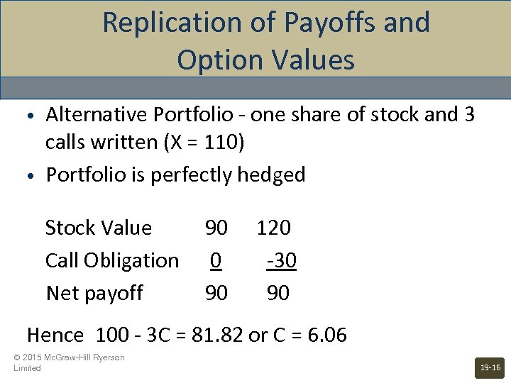Replication of Payoffs and Option Values • • Alternative Portfolio - one share of