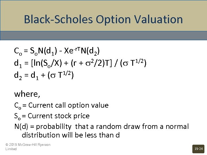 Black-Scholes Option Valuation Co = So. N(d 1) - Xe-r. TN(d 2) d 1