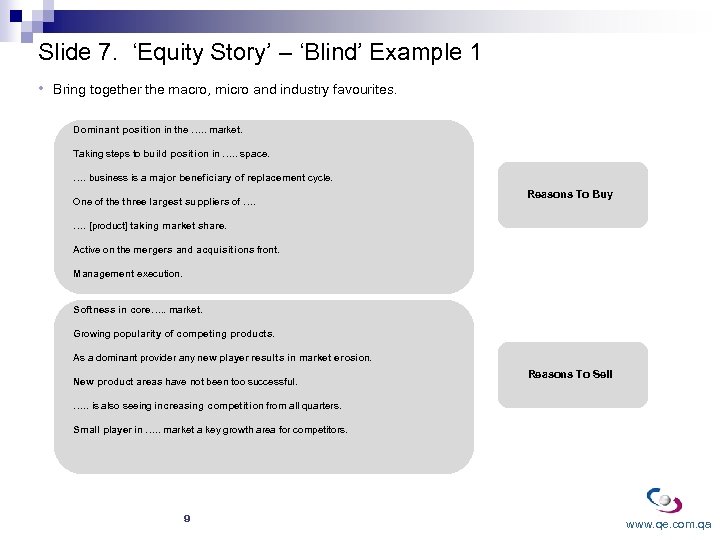 Slide 7. ‘Equity Story’ – ‘Blind’ Example 1 • Bring together the macro, micro
