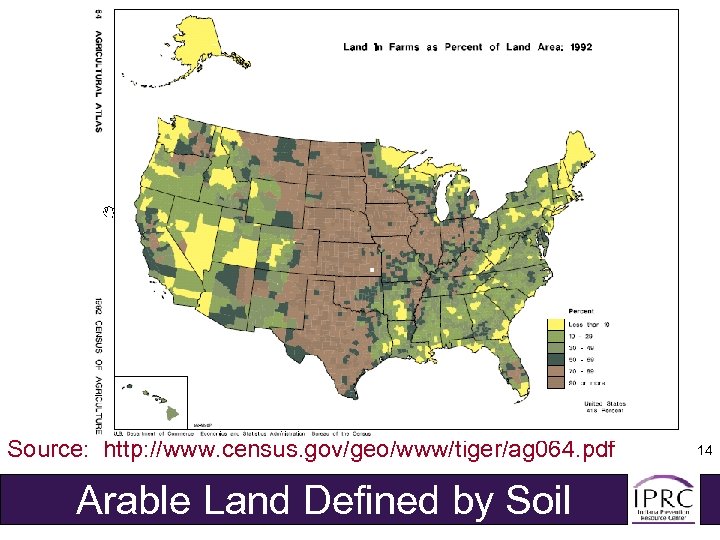 Source: http: //www. census. gov/geo/www/tiger/ag 064. pdf Arable Land Defined by Soil 14 
