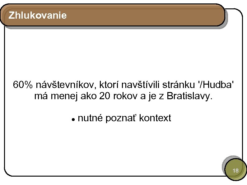 Zhlukovanie 60% návštevníkov, ktorí navštívili stránku '/Hudba' má menej ako 20 rokov a je