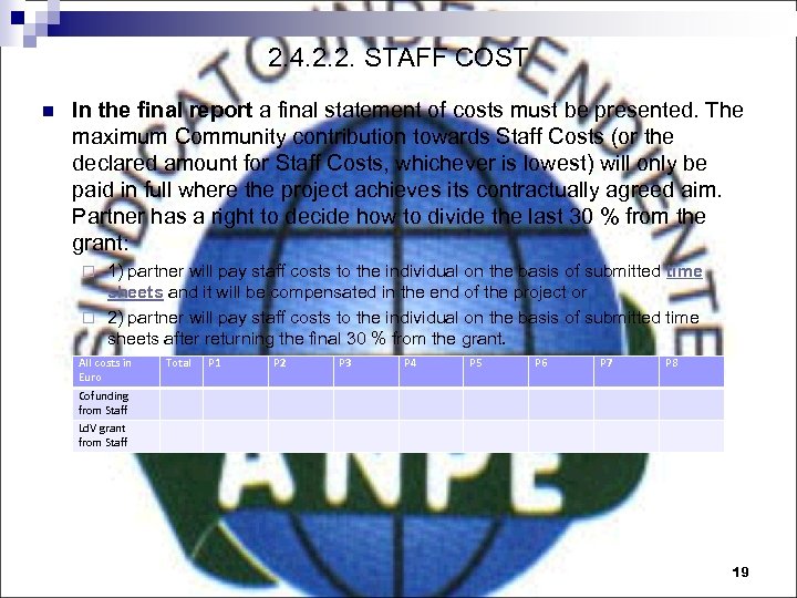 2. 4. 2. 2. STAFF COST n In the final report a final statement