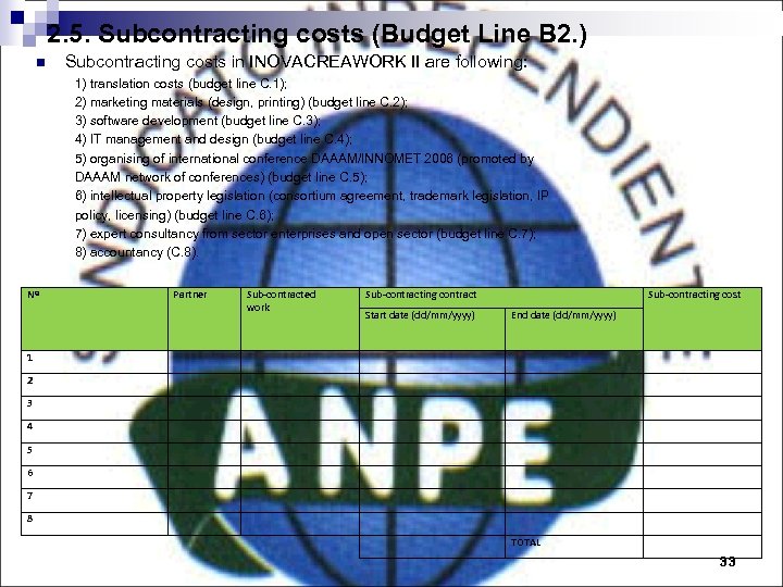 2. 5. Subcontracting costs (Budget Line B 2. ) n Subcontracting costs in INOVACREAWORK