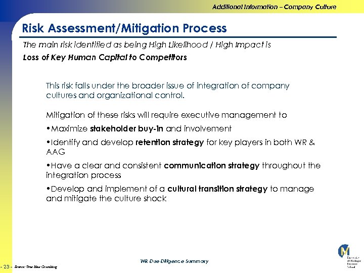 Additional Information – Company Culture Risk Assessment/Mitigation Process The main risk identified as being