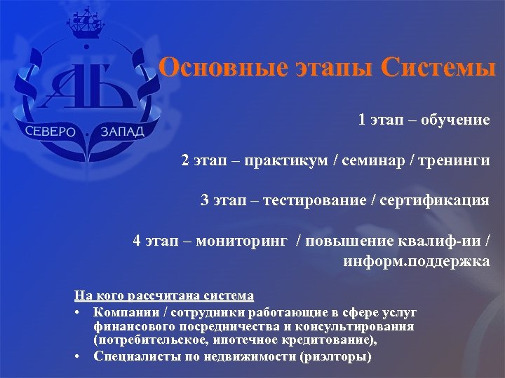 Основные этапы Системы 1 этап – обучение 2 этап – практикум / семинар /