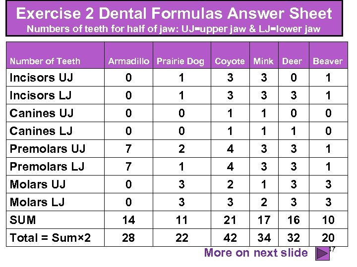 Exercise 2 Dental Formulas Answer Sheet Numbers of teeth for half of jaw: UJ=upper