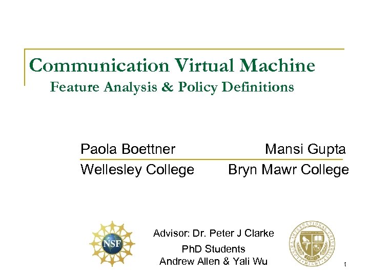 Communication Virtual Machine Feature Analysis & Policy Definitions Paola Boettner Wellesley College Mansi Gupta