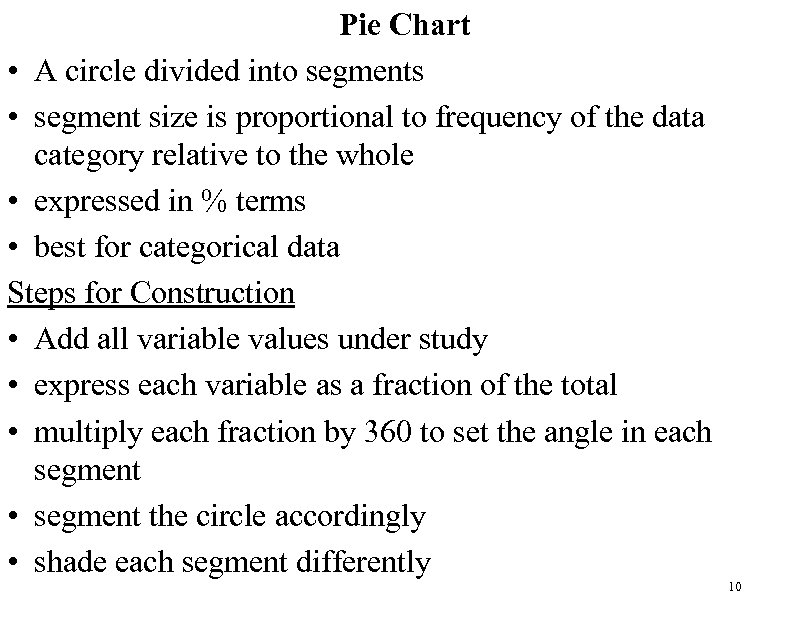 Pie Chart • A circle divided into segments • segment size is proportional to