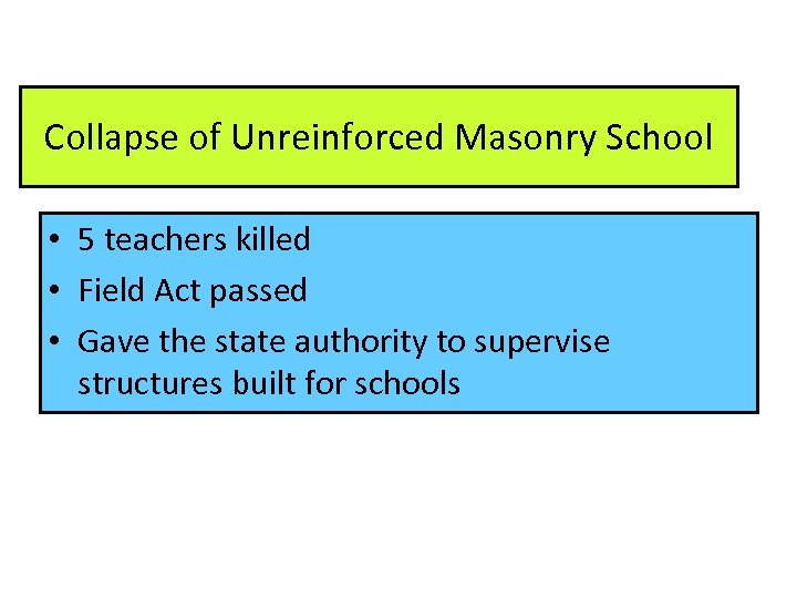 Collapse of Unreinforced Masonry School • 5 teachers killed • Field Act passed •