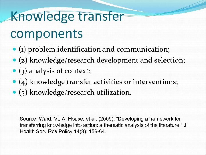 Knowledge transfer components (1) problem identification and communication; (2) knowledge/research development and selection; (3)