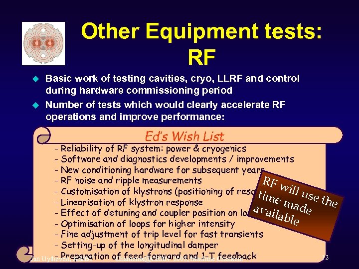 Other Equipment tests: RF u u Basic work of testing cavities, cryo, LLRF and
