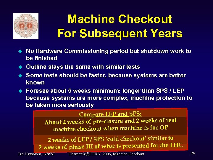 Machine Checkout For Subsequent Years u u No Hardware Commissioning period but shutdown work