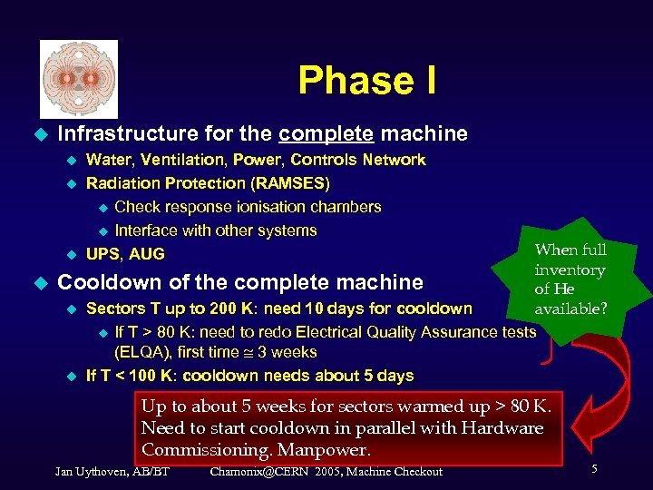 Phase I u Infrastructure for the complete machine u u Water, Ventilation, Power, Controls
