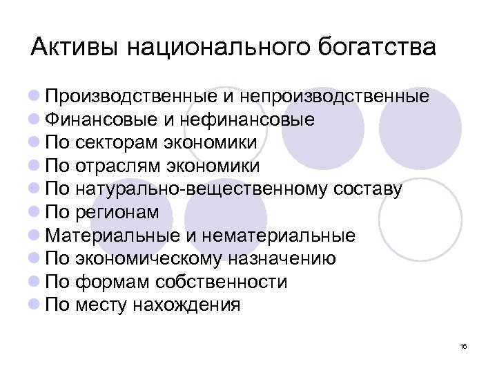 Активы национального богатства l Производственные и непроизводственные l Финансовые и нефинансовые l По секторам