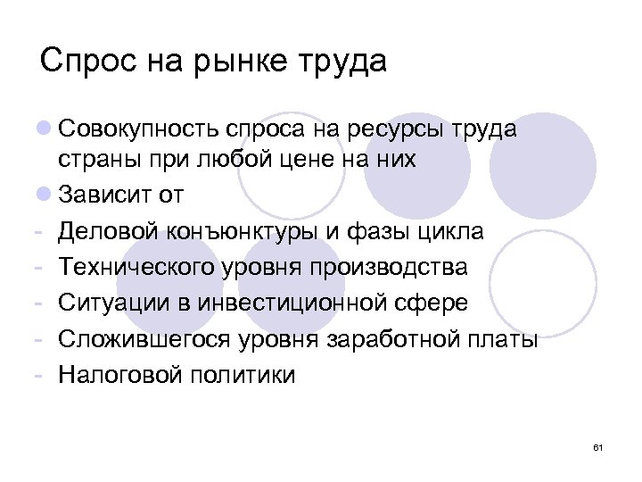 Спрос на рынке труда l Совокупность спроса на ресурсы труда страны при любой цене