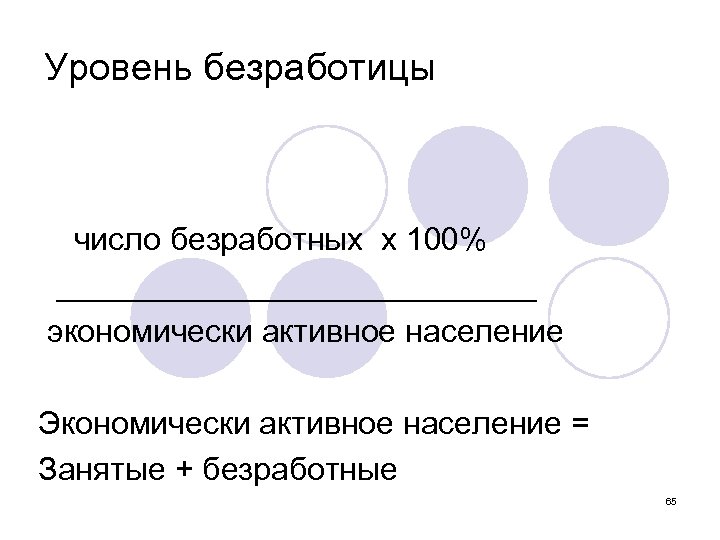 Уровень безработицы число безработных х 100% ______________ экономически активное население Экономически активное население =
