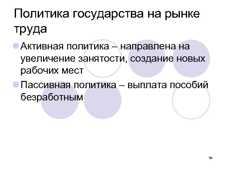Политика государства на рынке труда l Активная политика – направлена на увеличение занятости, создание