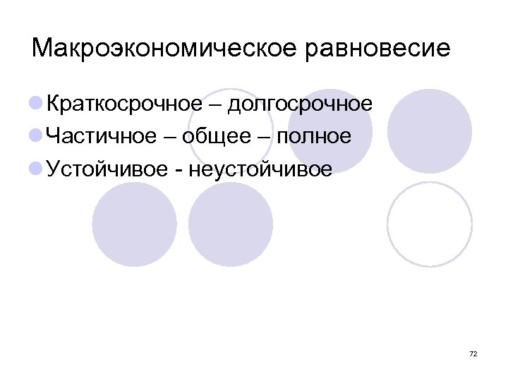Макроэкономическое равновесие l Краткосрочное – долгосрочное l Частичное – общее – полное l Устойчивое