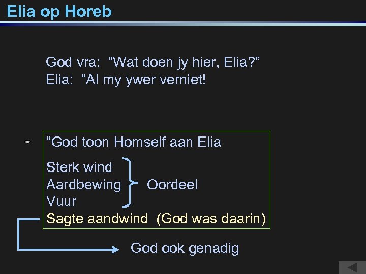 Elia op Horeb God vra: “Wat doen jy hier, Elia? ” Elia: “Al my