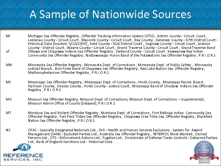 A Sample of Nationwide Sources MI of Michigan Sex Offender Registry , Offender Tracking