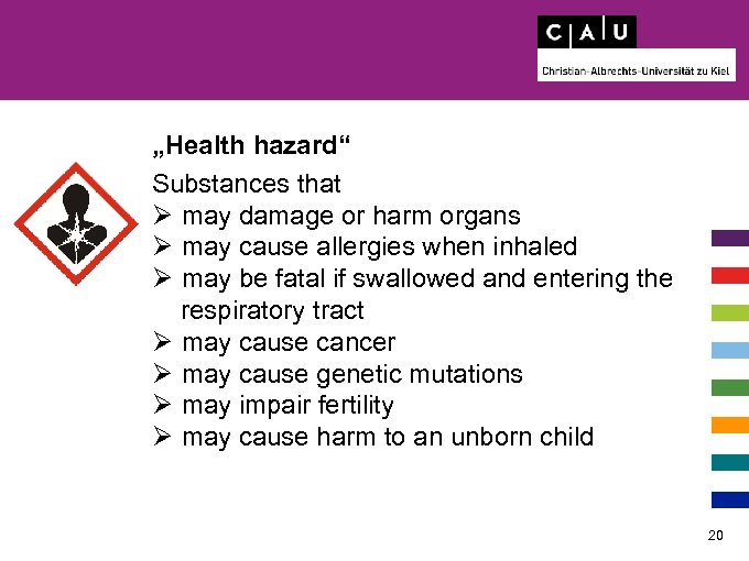 „Health hazard“ Substances that Ø may damage or harm organs Ø may cause allergies
