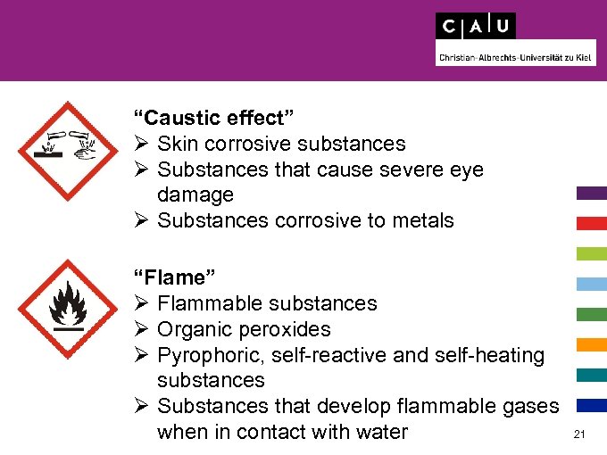 “Caustic effect” Ø Skin corrosive substances Ø Substances that cause severe eye damage Ø