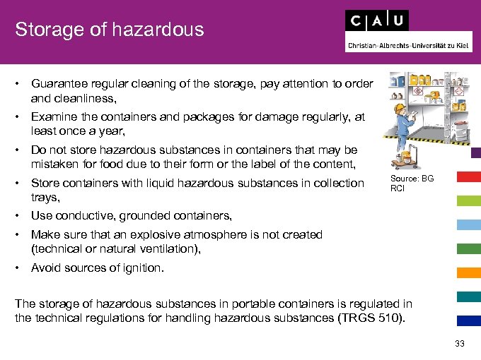 Storage of hazardous • Guarantee regular cleaning of the storage, pay attention to order