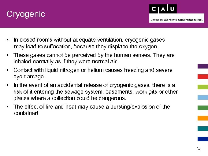 Cryogenic • In closed rooms without adequate ventilation, cryogenic gases may lead to suffocation,