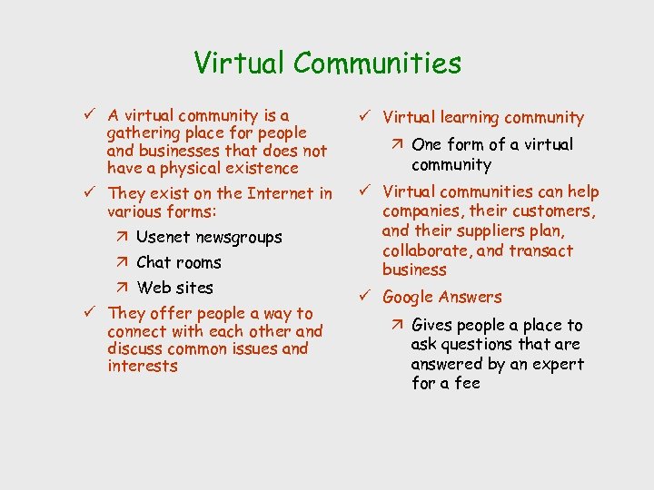 Virtual Communities ü A virtual community is a gathering place for people and businesses