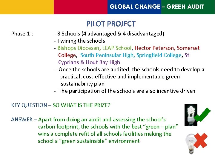 GLOBAL CHANGE – GREEN AUDIT PILOT PROJECT Phase 1 : - 8 Schools (4